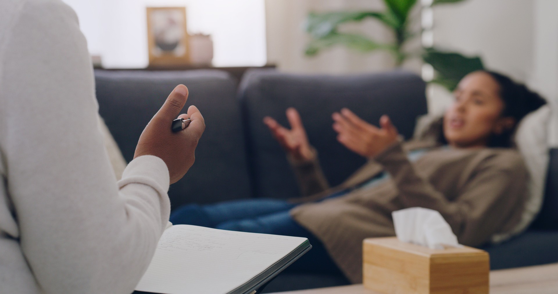Mental health, patient and therapist have discussion, for depression and talking anger management. Psychologist with book, female client on couch or conversation for anxiety, healthcare or consulting